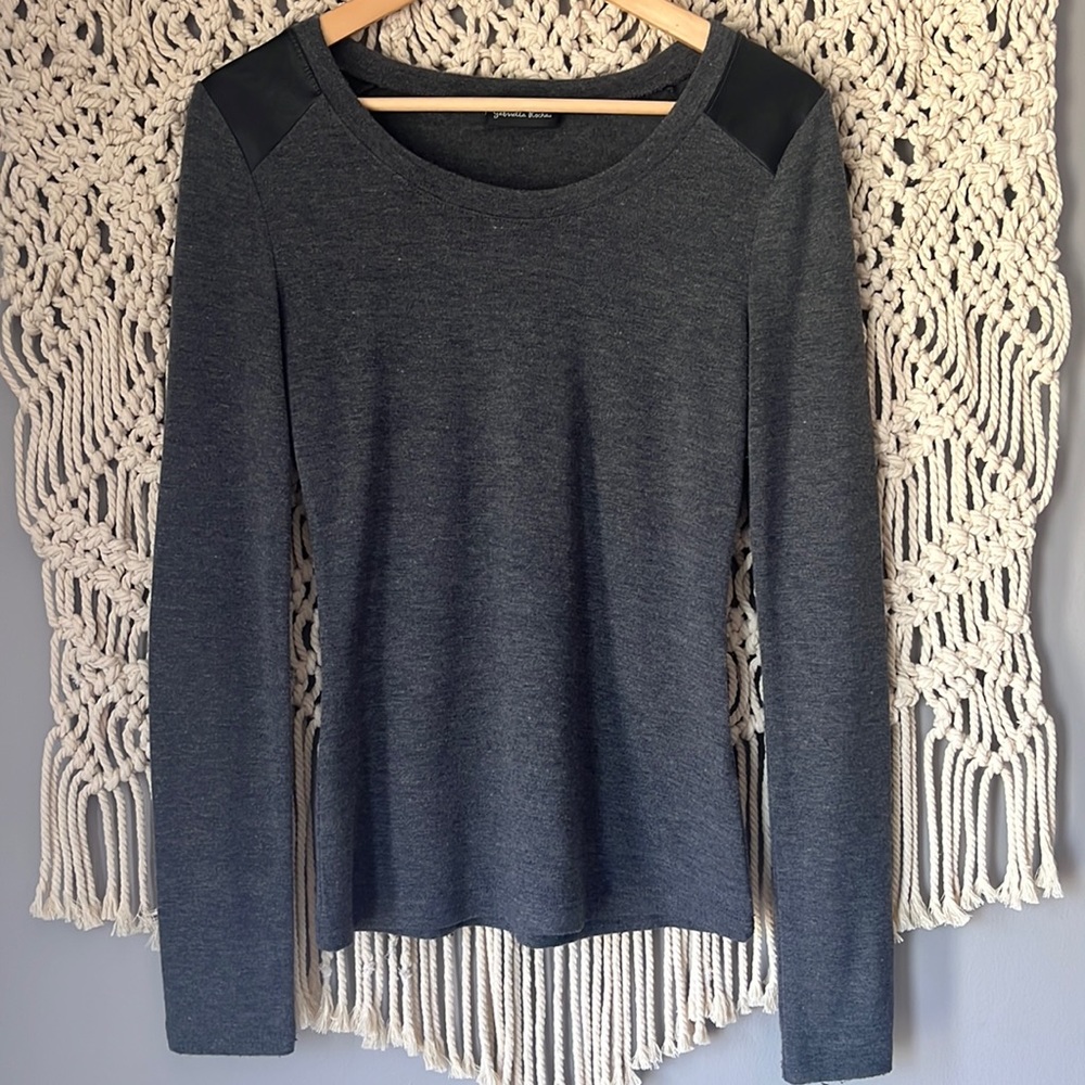 Gabriella Rocha Gray Black Faux Leather Long Sleeve Tee Shirt